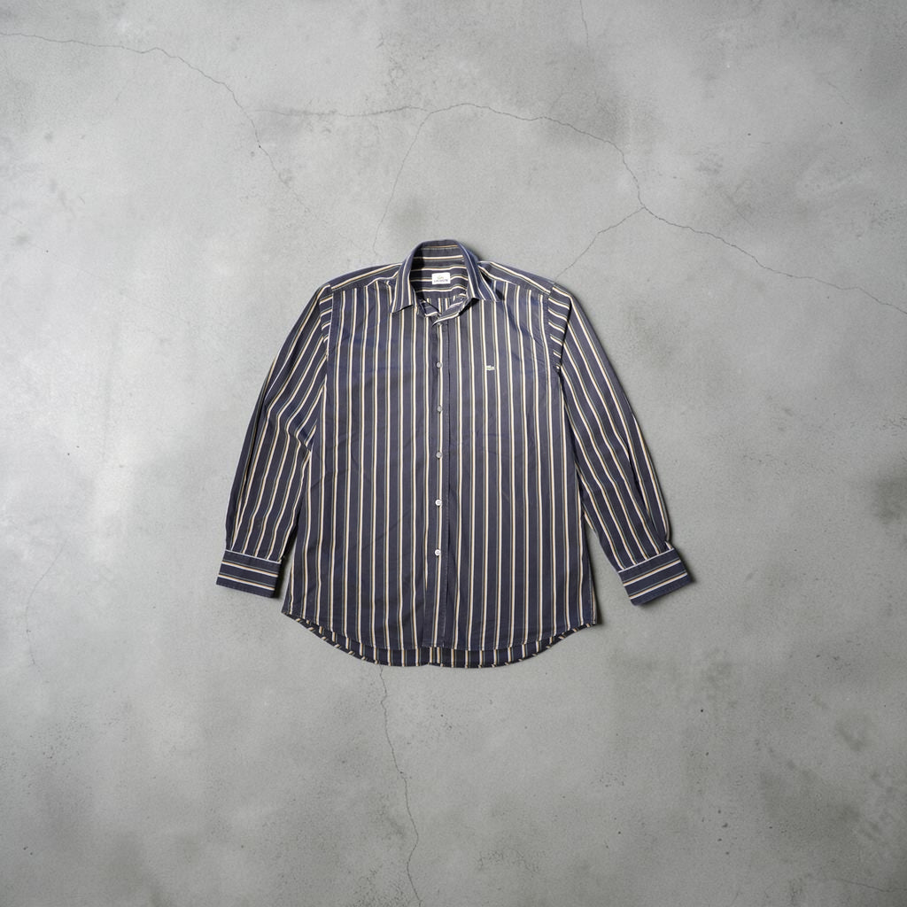 Vintage Lacoste Long-Sleeve Shirt – Navy Striped (Premium Cotton, Size L)