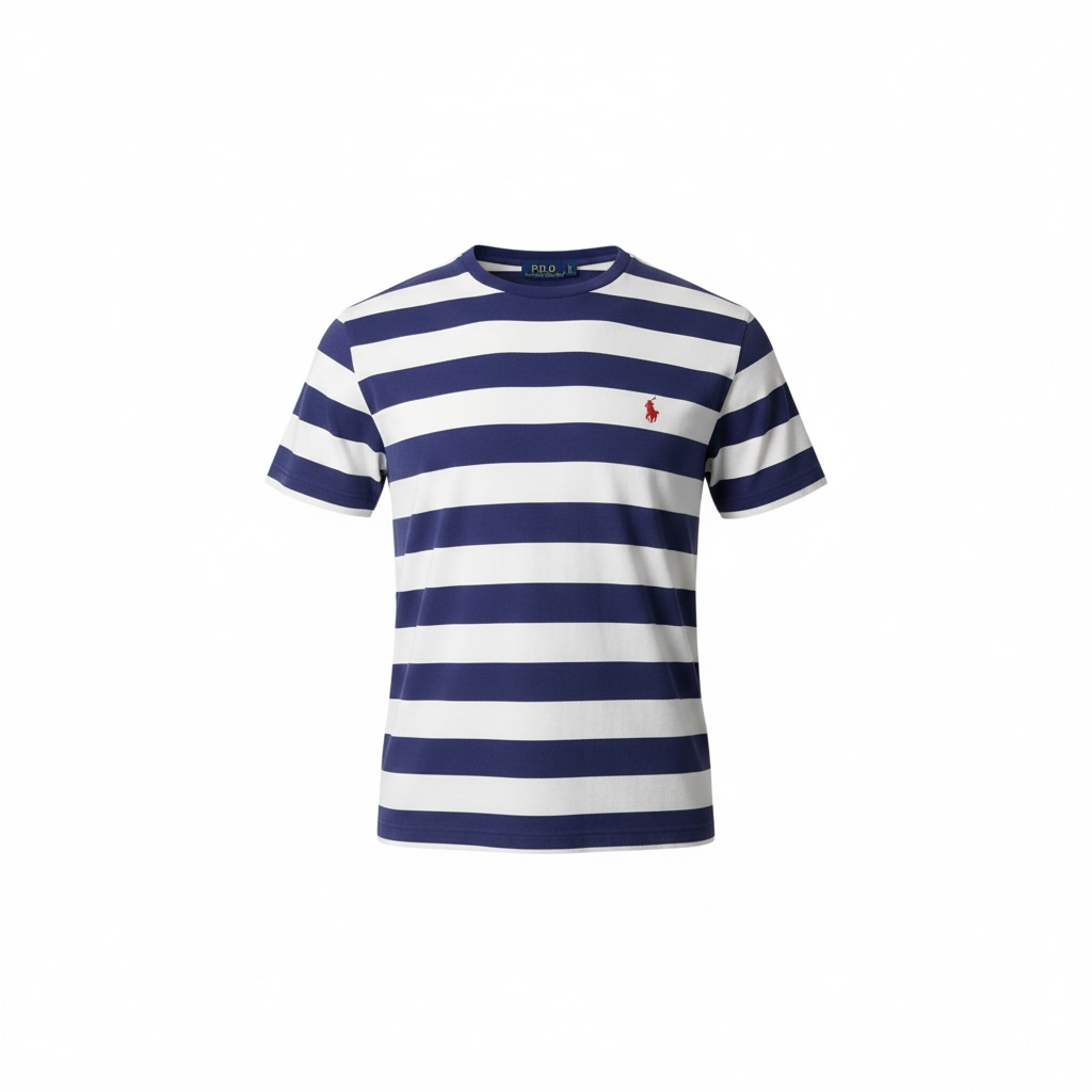 Vintage Ralph Lauren Striped Pocket T-Shirt – Navy & White (Size L)