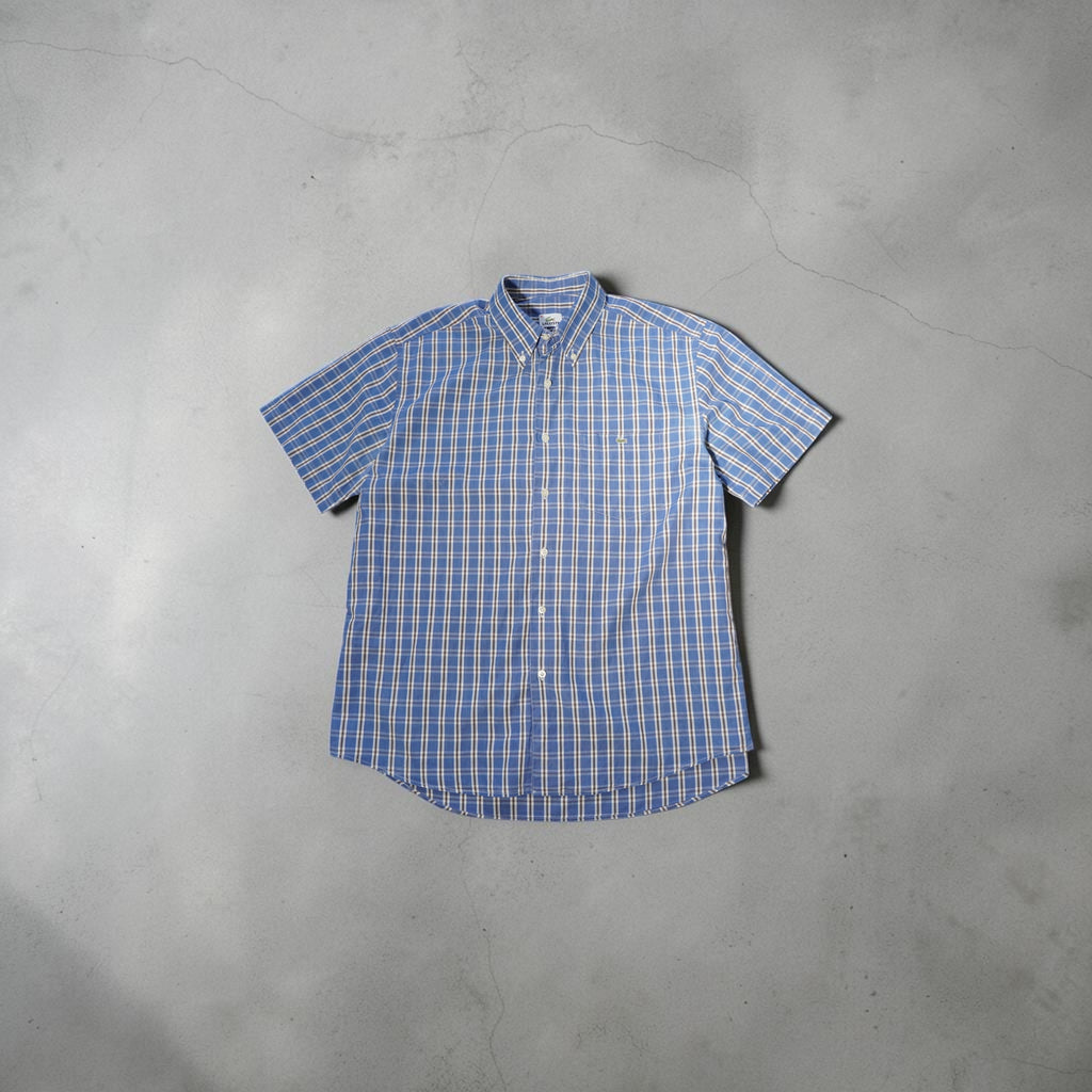 Vintage Lacoste Short-Sleeve Shirt – Blue/White/Yellow Checked (Size L)