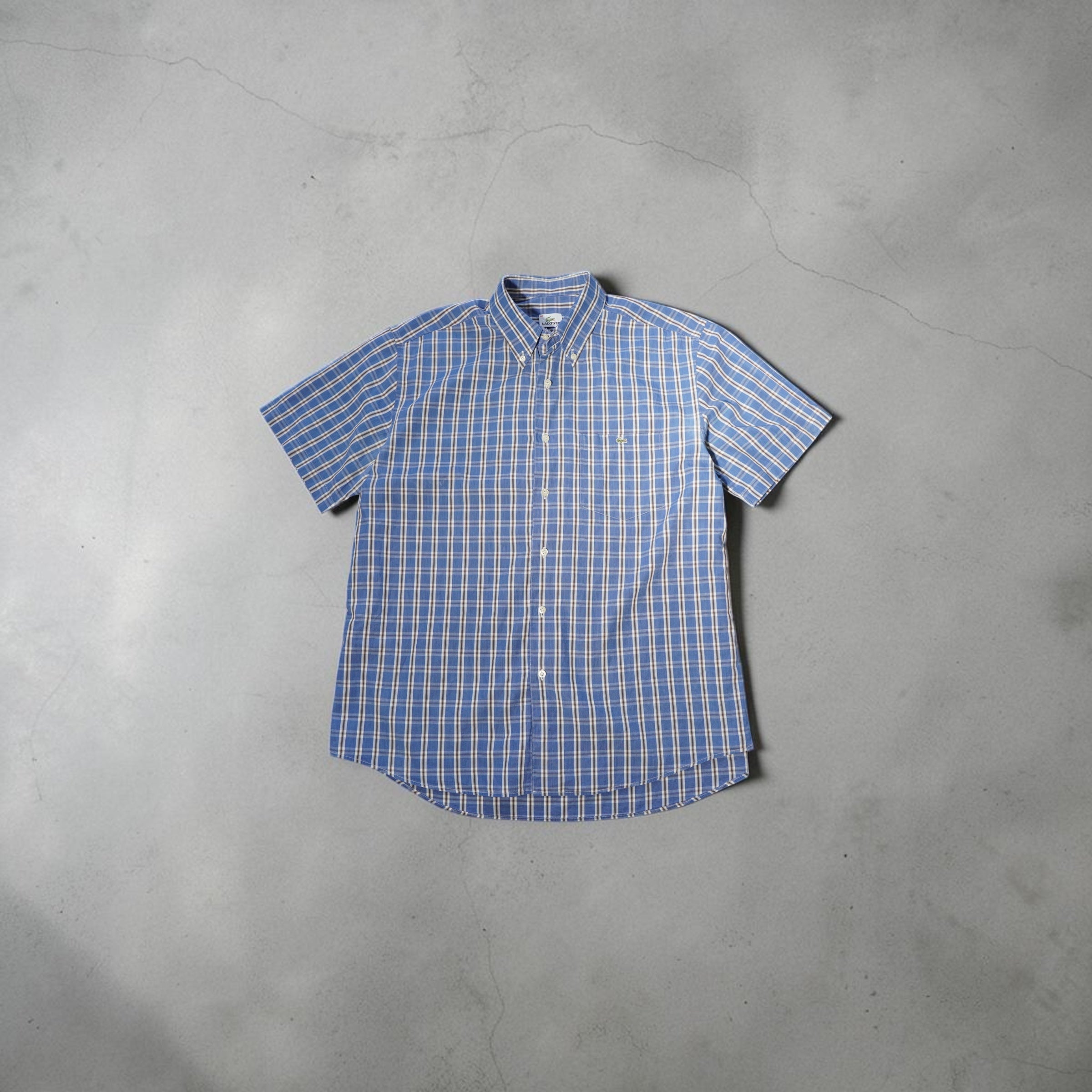 Vintage Lacoste Short-Sleeve Shirt – Blue/White/Yellow Checked (Size L)