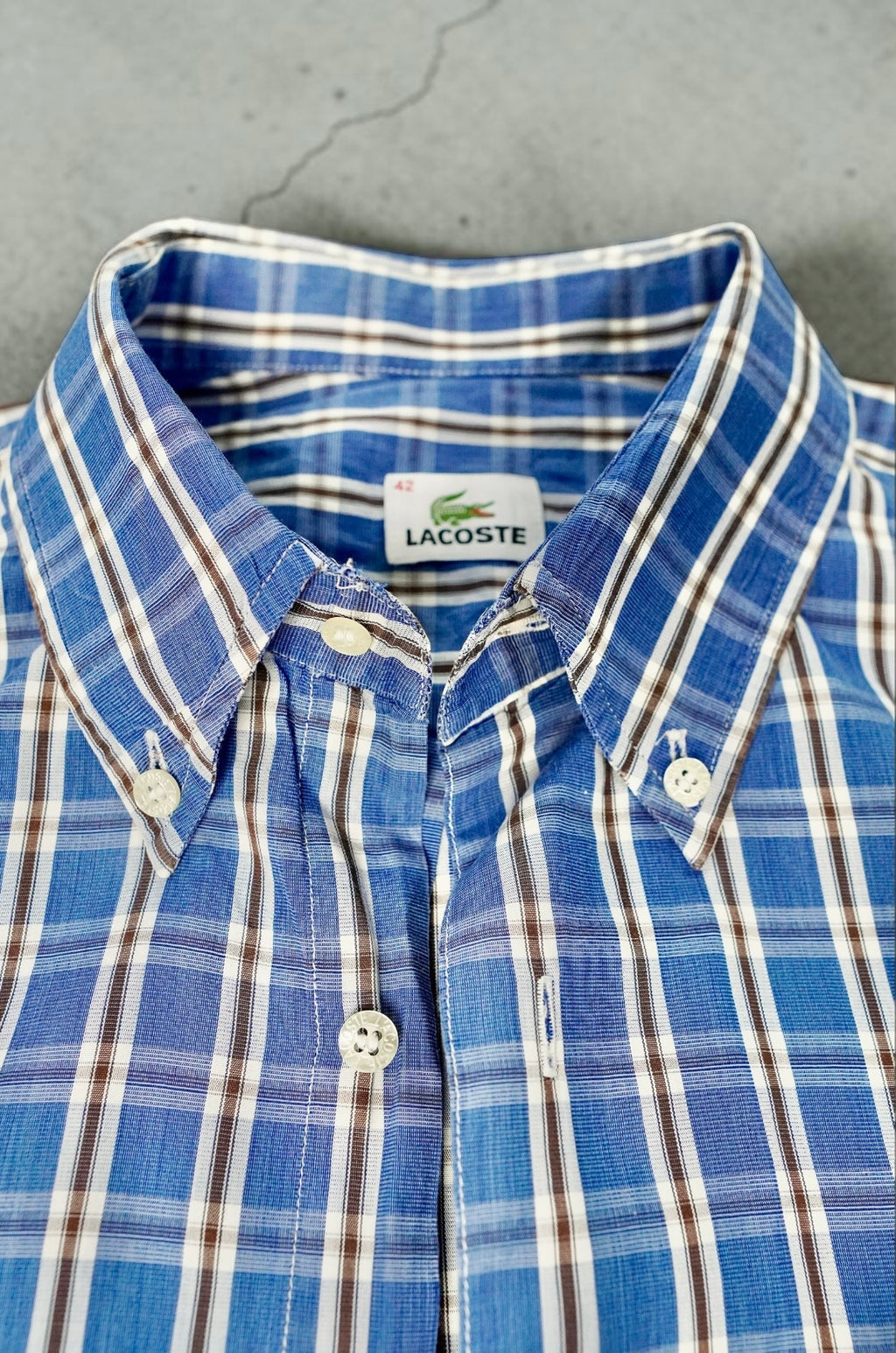 Vintage Lacoste Short-Sleeve Shirt – Blue/White/Yellow Checked (Size L)