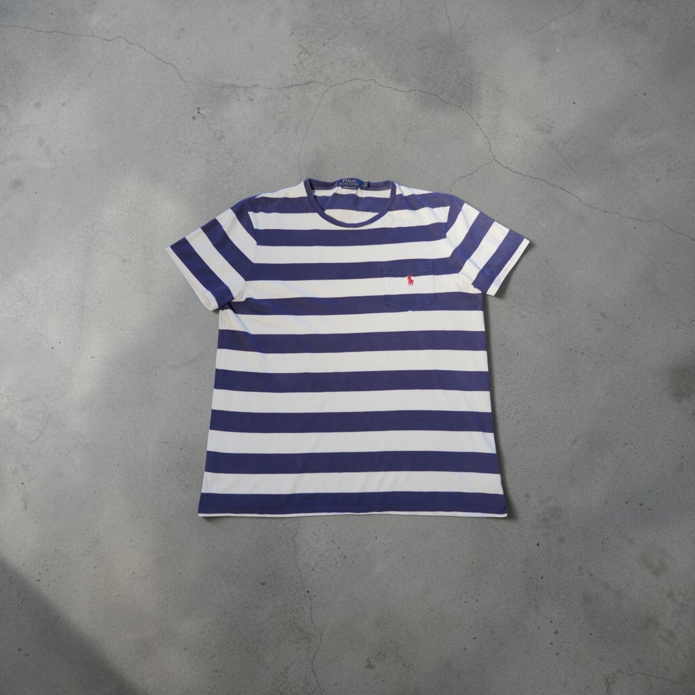 Vintage Ralph Lauren Striped Pocket T-Shirt – Navy & White (Size L)