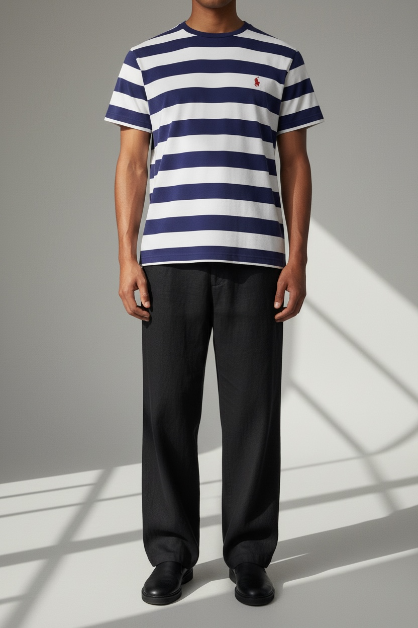 Vintage Ralph Lauren Striped Pocket T-Shirt – Navy & White (Size L)