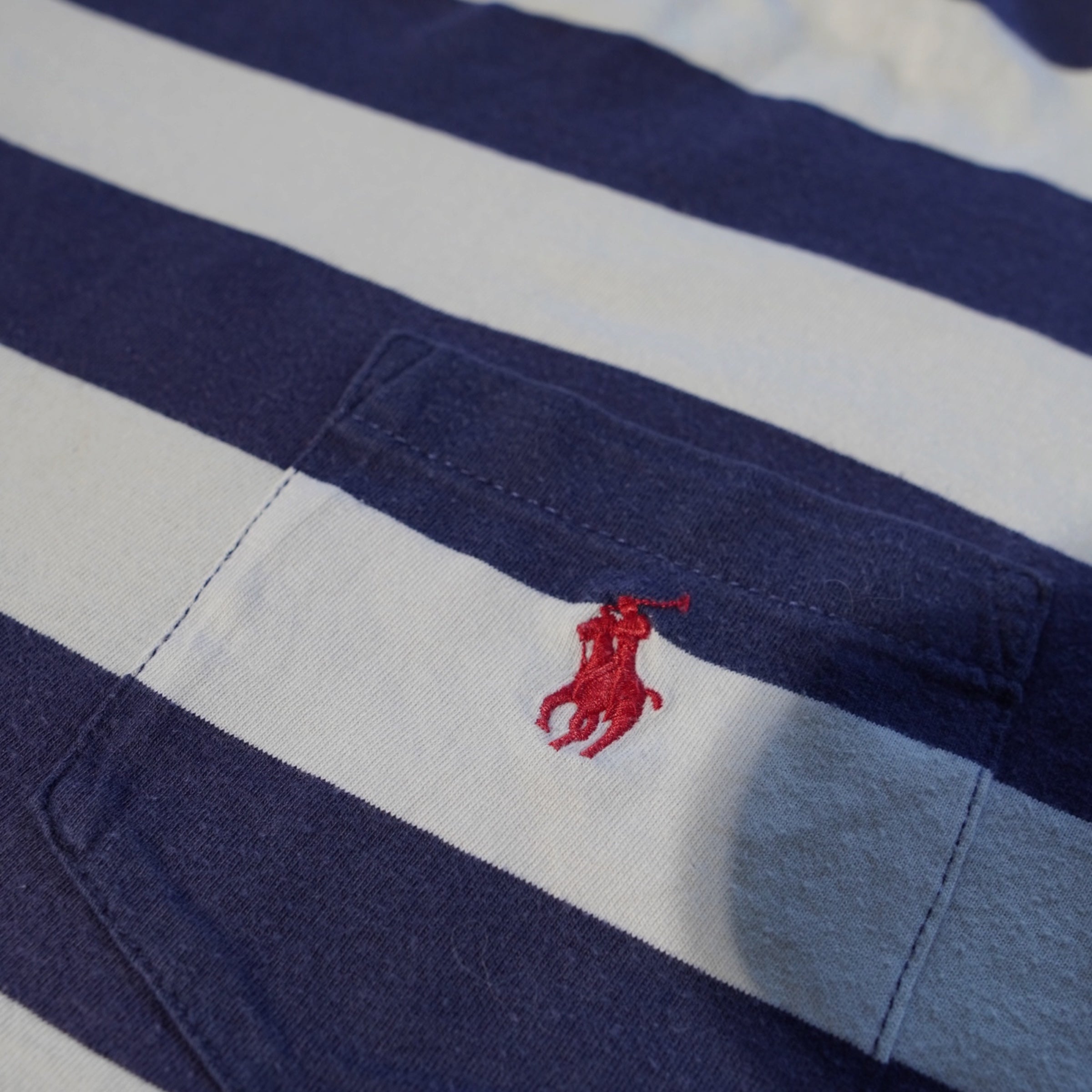 Vintage Ralph Lauren Striped Pocket T-Shirt – Navy & White (Size L)